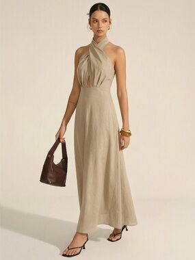 Commense Beige Cross-Neck Backless Maxi Dress